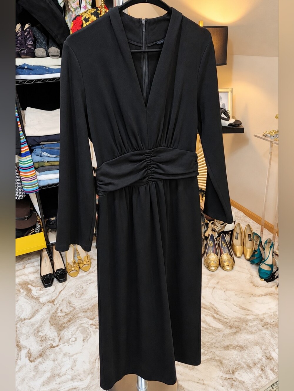 Banana Republic Black Wool Long-Sleeve V-Neck Midi Dress with Ruched Waist